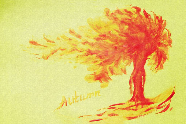 Autumn tree on a yellow textural background. Autumn mood, sunny. Picture of an autumn tree. Art. Abstraction. copy space. Concept - Фото, изображение