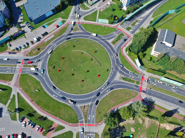 Roundabout intersection in five directions with island, aerial view. - Photo, Image