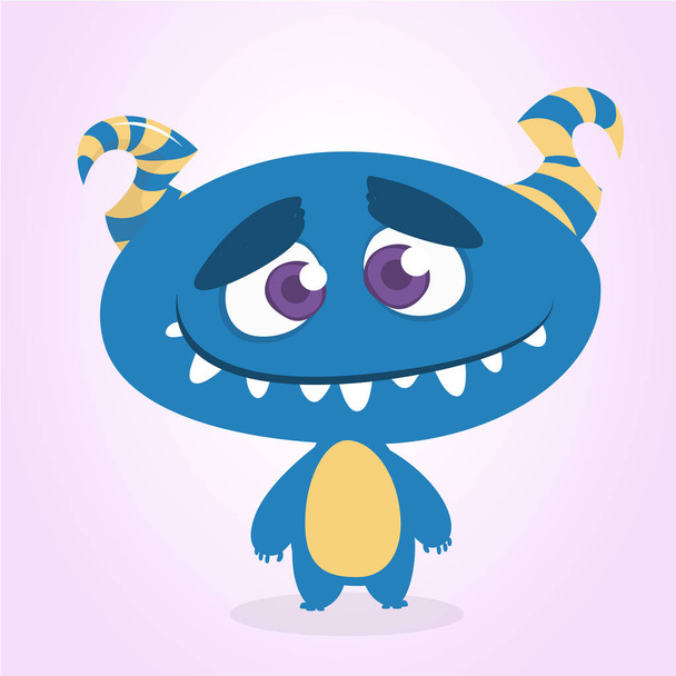 Happy cool cartoon fat monster with big head. Blue and horned vector monster character - Vektor, kép