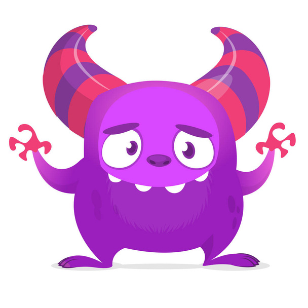 Zabawne kreskówki potwora z uśmiechem machanie rękami. Ilustracja wektorowa fioletowego potwora. Halloween design - Wektor, obraz