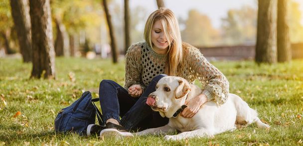 美しいブロンドは公園の芝の上に座って、彼女の犬のラブラドールで遊んで - 写真・画像