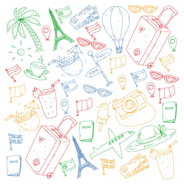 Vector pattern with travel icons. Get ready for adventures and travel. Great vacation, holidays. Hot air balloon, suitcase, airplane. - Vector, Image