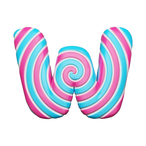 Sweet alphabet letter W. Christmas font made of pink and blue spiral striped lollipop. 3D render isolated on white background. - Foto, immagini