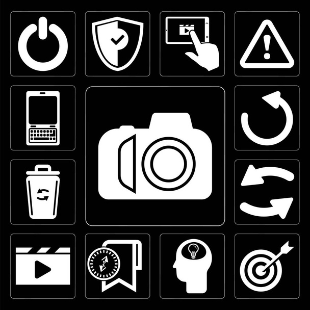 Set Of 13 simple editable icons such as Photo camera, Target, Head, Bookmark, Video player, Refresh, Garbage, Reload, Phone on black background - Photo, Image