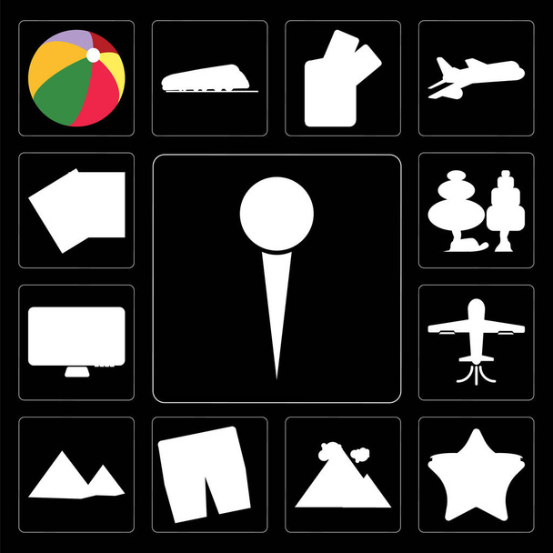 Set di 13 semplici icone modificabili come Pin, Stella, Piramidi, Corto, Piramide, Aereo, Computer, Foresta, Fotografia su sfondo nero
 - Foto, immagini