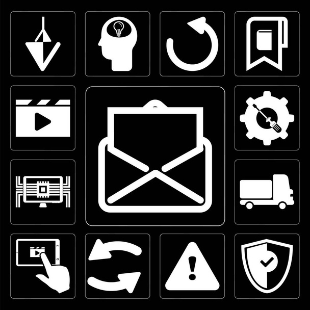 Set Of 13 simple editable icons such as Email, Shield, Warning, Refresh, Tablet, Truck, Computer, Settings, Video player on black background - Photo, Image