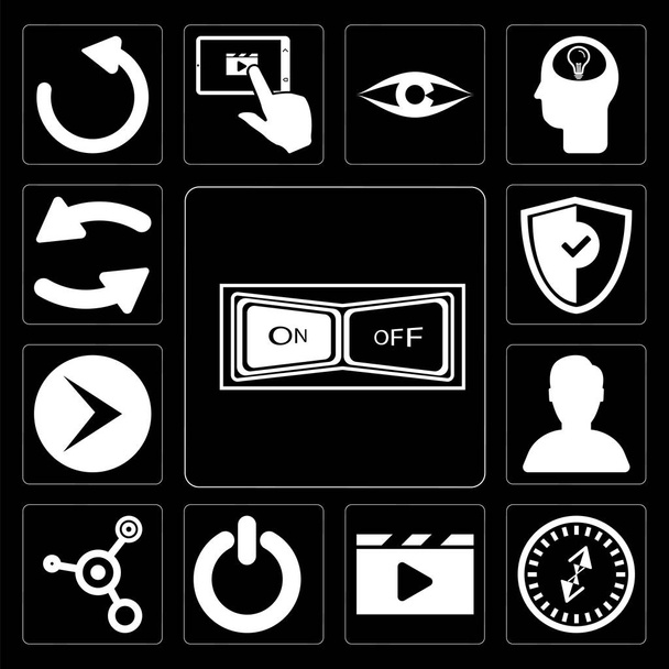Set Of 13 simple editable icons such as Switch, Compass, Video player, Power, Share, User, Right arrow, Shield, Refresh on black background - Photo, Image