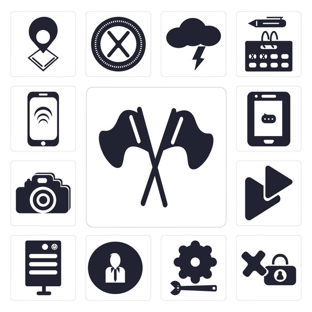 Set Of 13 simple editable icons such as Flag, Locked, Settings, User, Server, Play button, Photo camera, Smartphone, web ui icon pack - Photo, Image