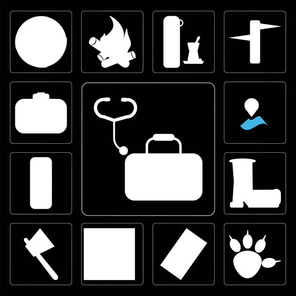Set de 13 iconos editables simples como botiquín de primeros auxilios, Pawprint, Partidos, Bosque, Hacha, Bota, tirita, marcador de posición, Cámara sobre fondo negro
 - Foto, Imagen