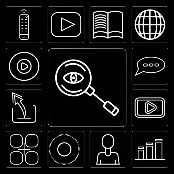 Set Of 13 simple editable icons such as Magnifying Glass Searcher, Bar diagram, User Avatar, Selectioned Circle, Wrapped gift, YouTube, Window back button on black background - Photo, Image