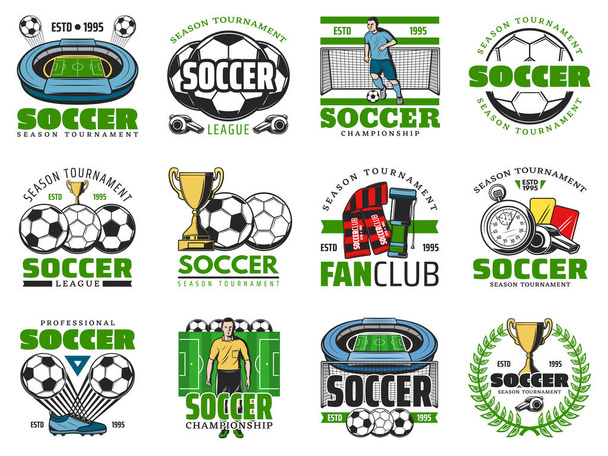 Futebol vencedor copo e bola de futebol emblema design
 - Vetor, Imagem