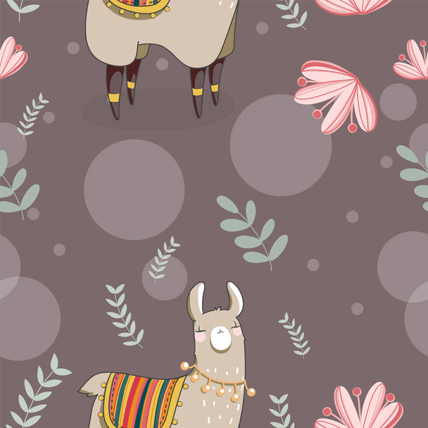 Seamless pattern with Lama in cartoon style. Hand drawn vector illustration. Elements for greeting card, poster, banners. T-shirt, notebook and sticker design. - Vector, imagen