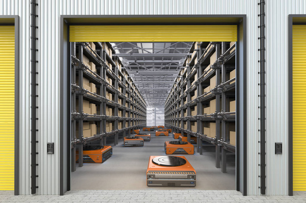 3D rendering magazijn robot in fabriek werken - Foto, afbeelding