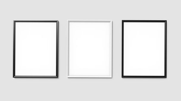 Black and white photo frames with blank copy space hanging on wall in 3d rendering - Photo, Image