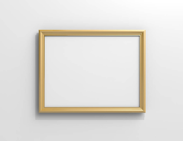 Matte gold color photo frame with blank copy space hanging on the wall in 3d rendering - Fotoğraf, Görsel