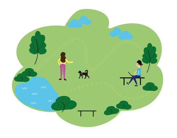 People who enjoy leisure time in the park, flat design style vector graphic illustration set. Public park concept banner with characters. Can use for web banner, infographics, hero images - Vector, afbeelding