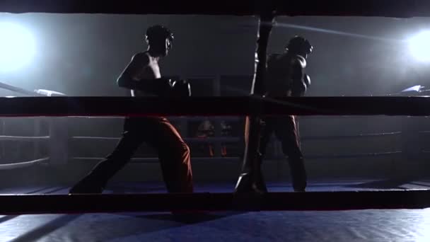 Two guys preparing for kickboxing competitions. Slow motion. Silhouette - Metraje, vídeo