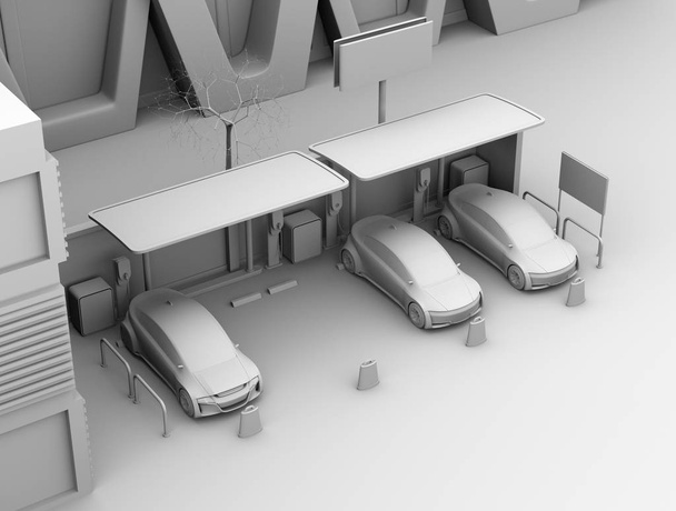 Clay shading rendering of electric cars in car sharing only parking lot. 3D rendering image. - Photo, Image