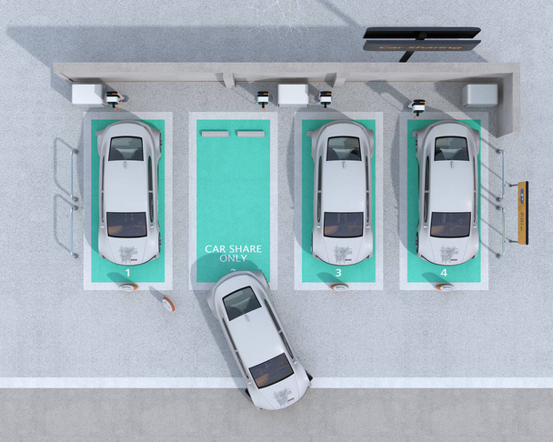 Κάτοψη του κοινή χρήση πάρκινγκ εξοπλισμένη με σταθμό φόρτισης και μπαταρίες αυτοκινήτου. εικόνα απόδοση 3D. - Φωτογραφία, εικόνα