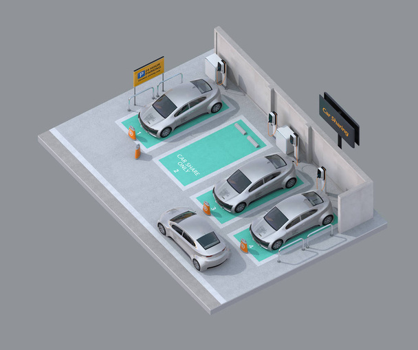 Vista isometrica del parcheggio per attività di car sharing. Sfondo grigio. Immagine di rendering 3D
. - Foto, immagini