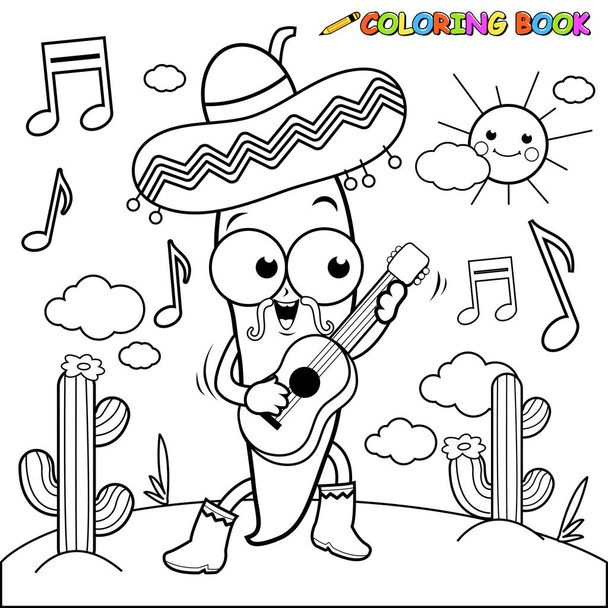 Cartoon mariachi chili pepper playing the guitar. Black and white coloring page. - Wektor, obraz