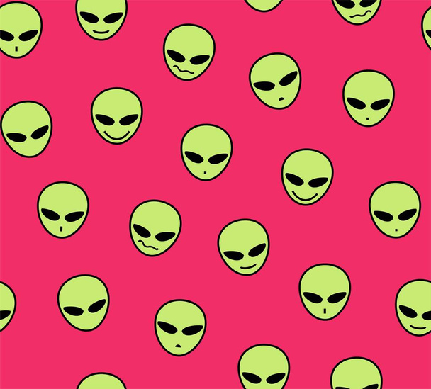 Aliens, seamless pattern, color, red, green, different emotions, vector. Green alien faces on a red field. Decorative seamless pattern. Vector image.  - Вектор,изображение