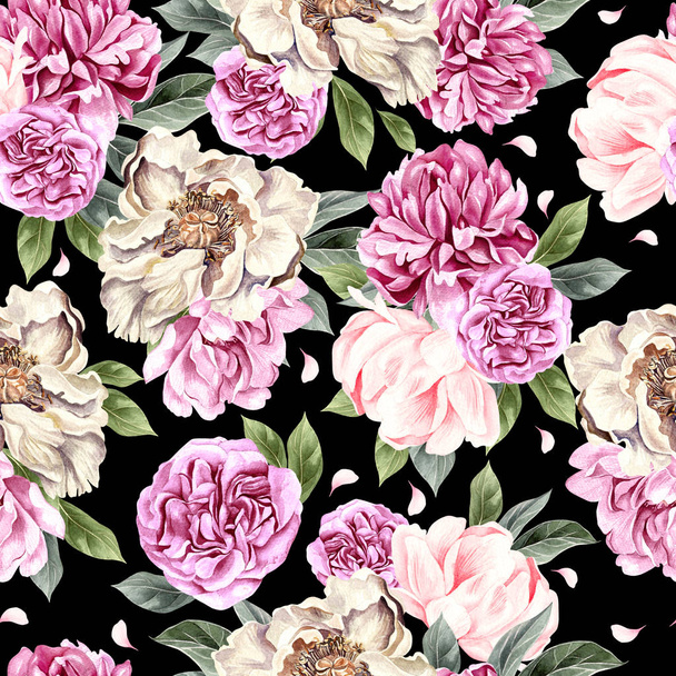 Watercolor pattern with peony flowers.  - Photo, Image