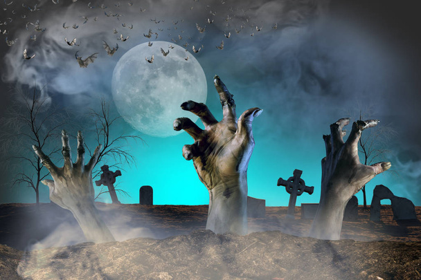 zombi mano sobresaliendo de la tierra fondo de Halloween
 - Foto, imagen