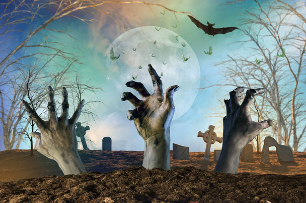 zombi mano sobresaliendo de la tierra fondo de Halloween
 - Foto, imagen