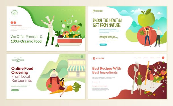 Σύνολο από πρότυπα σχεδίασης web σελίδα για βιολογικό φαγητό και ποτό, φυσικά προϊόντα, εστιατόριο, παραγγελία online τροφίμων, συνταγές. Vector εικονογράφηση έννοιες για την ιστοσελίδα και την ανάπτυξη mobile ιστοσελίδα.  - Διάνυσμα, εικόνα