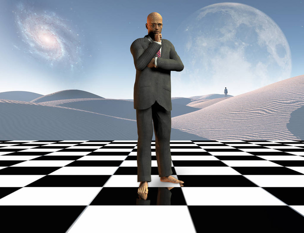 Surrealismus. Přemýšlející obchodník stojí na šachovnici. Osamělý muž v dálce. Bílá písečná duna. 3D vykreslování - Fotografie, Obrázek