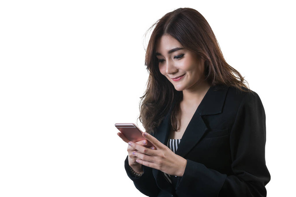 Portrait of asian handsome businesswoman using the smart mobile phone on white background, isolate include clipping path - Foto, immagini