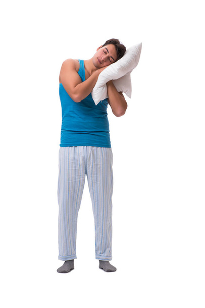 Man waking up with alarm clock isolated on white - Photo, Image