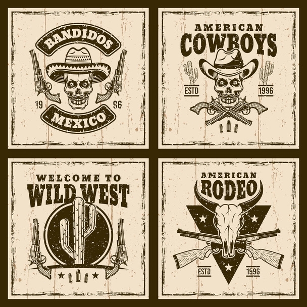 Wild West joukko neljä vektorin ruskea tunnuksia
 - Vektori, kuva