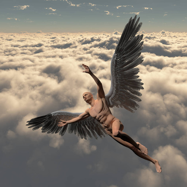 Surrealisme. Naakte man met engel vleugels vliegt in bewolkte hemel. 3D render. - Foto, afbeelding