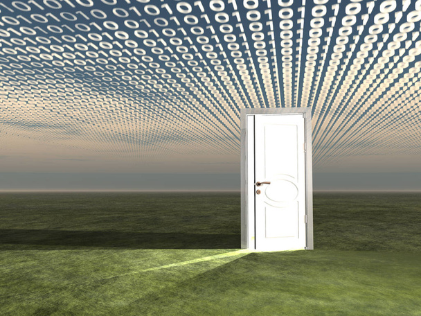 Drzwi w krajobrazie ze strumieniem binarnym - Zdjęcie, obraz
