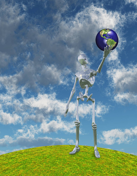 Shiny Silver Robot стоит на Hilltop Arm Exstretched Holding Earth Model
 - Фото, изображение