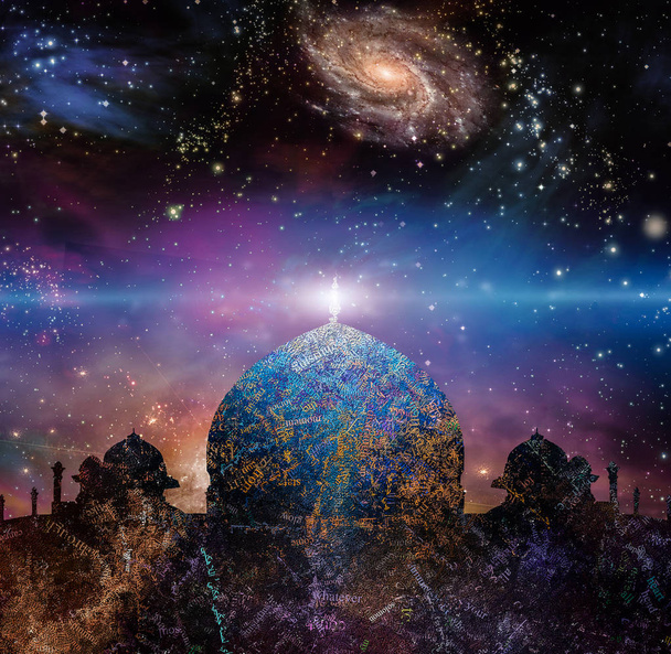 Temple in eastern style. Universe with galaxies on a background. - Photo, Image