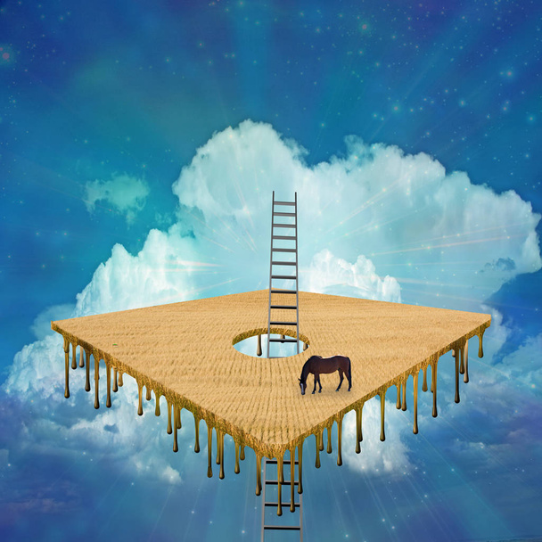 Kompozycja surrealistyczne. Koń pasie w kwadrat pola na niebie - Zdjęcie, obraz