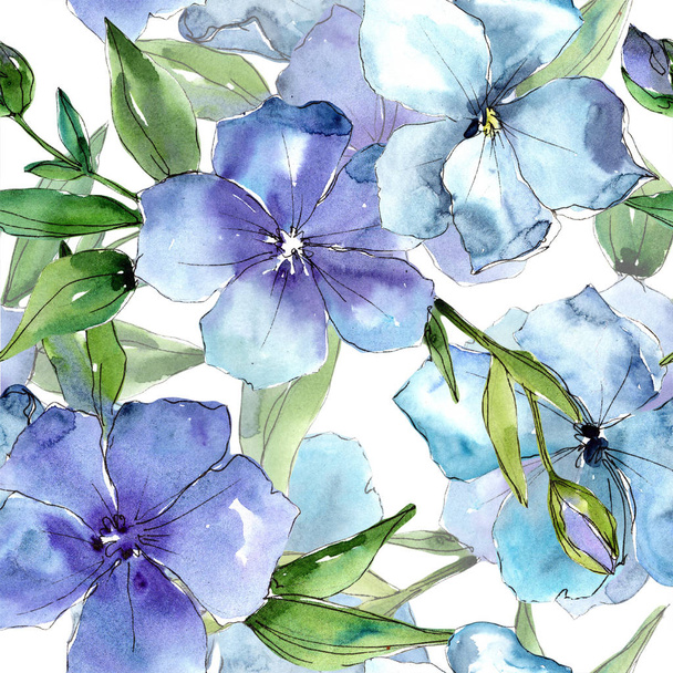 Watercolor blue flax flower. Floral botanical flower. Seamless background pattern. - 写真・画像
