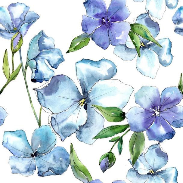 Watercolor blue flax flower. Floral botanical flower. Seamless background pattern. - Foto, afbeelding