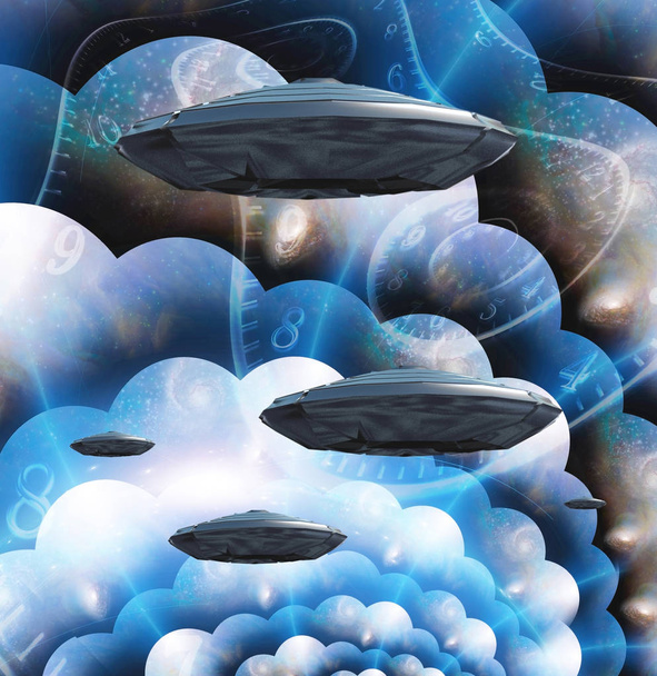 Flying saucers in multi-layered spaces and spirals of time. - Foto, immagini