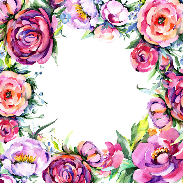 Buquê aquarela fluxos peônia rosa. Floral flor botânica. Quadro borda ornamento quadrado
. - Foto, Imagem