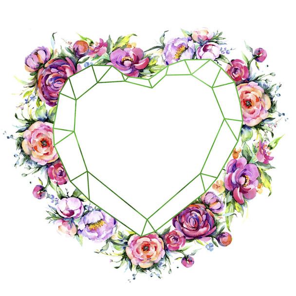 Watercolor bouquet pink peony flowes. Floral botanical flower. Frame border ornament square. - 写真・画像