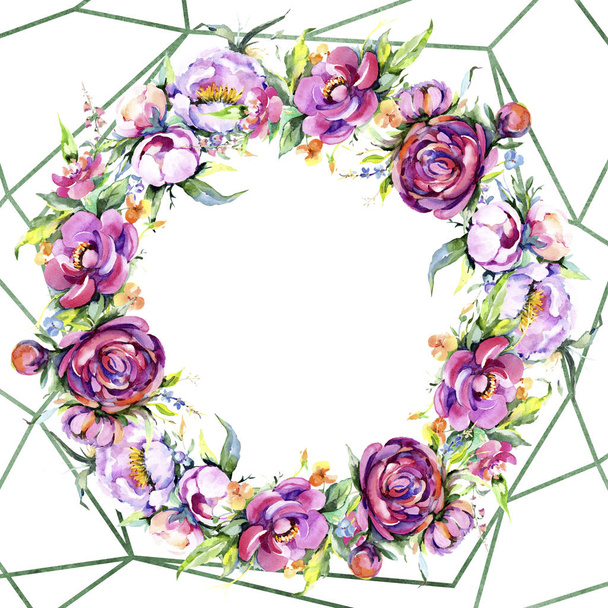 Aquarel boeket roze pioen flowes. Floral botanische bloem. Frame grens ornament vierkant. - Foto, afbeelding