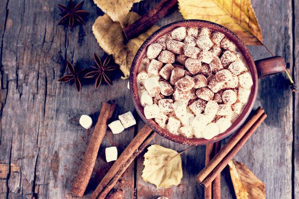 Hot cocoa with marshmallows with spices on the old wooden boards. Coffee, cocoa, cinnamon, nuts, star anise, cozy sweate - Photo, Image