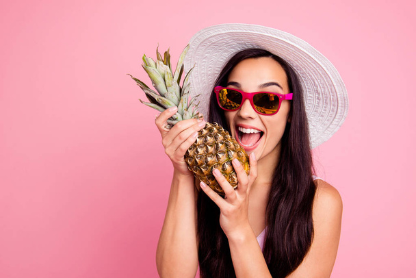 Good mood lifestyle leisure people person concept. Close up studio photo portrait of cool with toothy beaming smile lady holding ananas in hands isolated pastel bright background - Foto, Bild