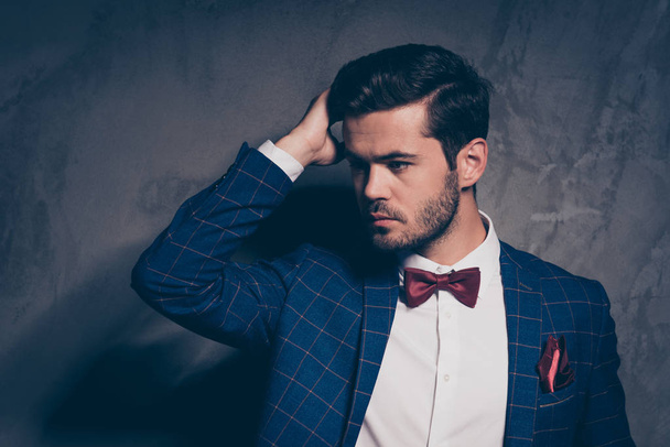 Holiday dress code party celebration event bride people person concept. Close up studio photo portrait of attractive serious confident virile man touching hair isolated on gray background - Φωτογραφία, εικόνα