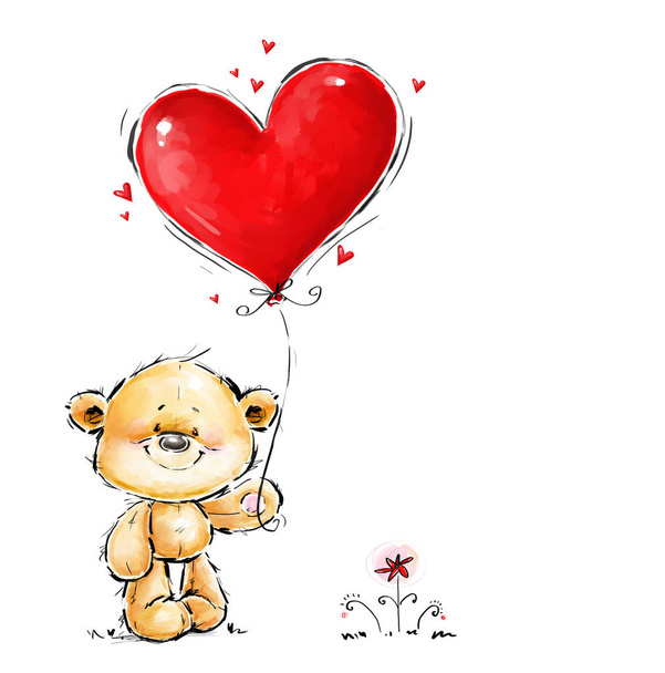 Cute Teddy Bear in love with big red heart balloon. Valentines day postcard design. Romantic confession illustration - Fotografie, Obrázek