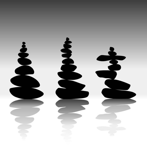 Zrelaksować się zen stones zrównoważony. Czarnymi kamykami na białym tle z cieni - Wektor, obraz